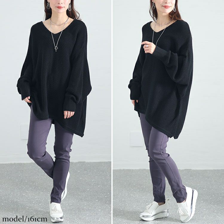 大きいサイズ レディース Vネックオーバーデザインドルマンニット　wn-0191
