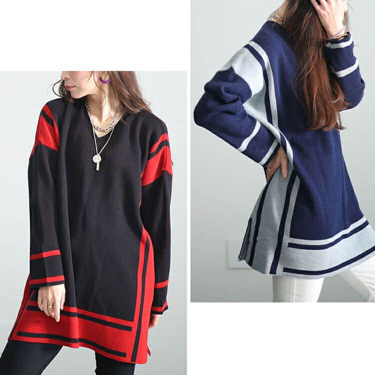 大きいサイズ レディース 日本製バイカラーニット　kt-107