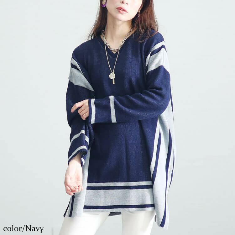 大きいサイズ レディース 日本製バイカラーニット　kt-107 ネイビー
