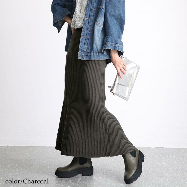 大きいサイズ レディース リブニットスリット入りナロースカート　sada-6890 チャコール