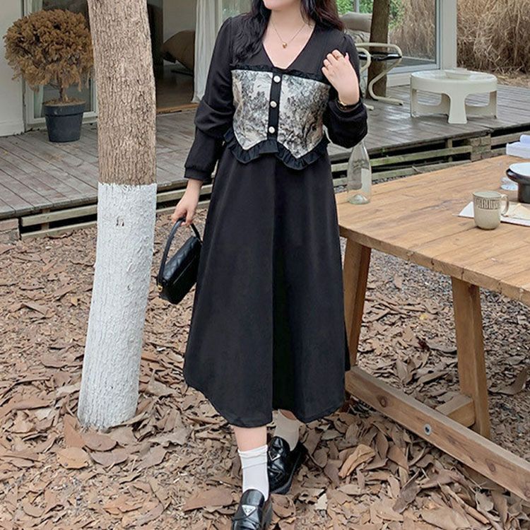 大きいサイズ レディース ビスチェ重ね風ロングワンピース　goldy-1410