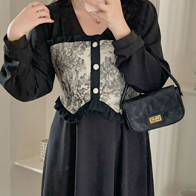 大きいサイズ レディース ビスチェ重ね風ロングワンピース　goldy-1410