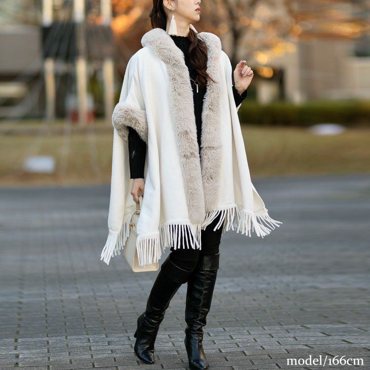 大きいサイズ レディース ファー切り替えフリンジポンチョ　sn-00001