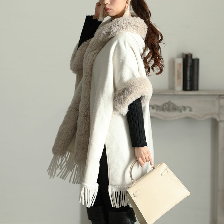 大きいサイズ レディース ファー切り替えフリンジポンチョ　sn-00001
