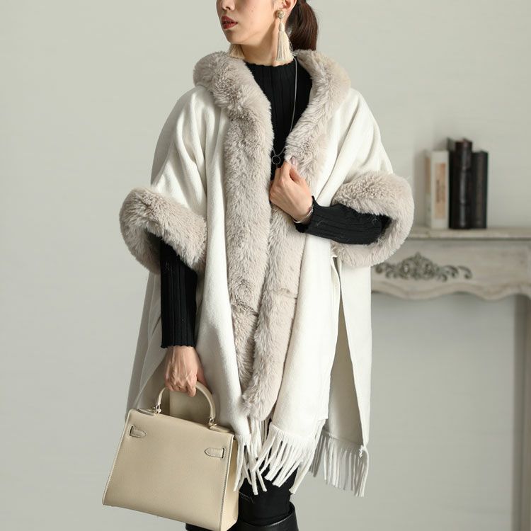 大きいサイズ レディース ファー切り替えフリンジポンチョ　sn-00001