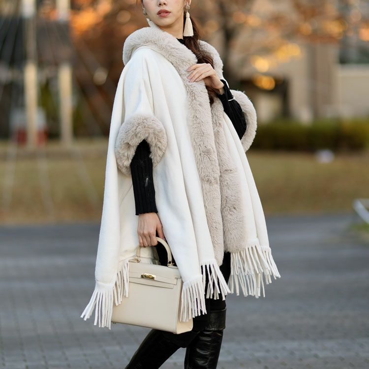 大きいサイズ レディース ファー切り替えフリンジポンチョ　sn-00001
