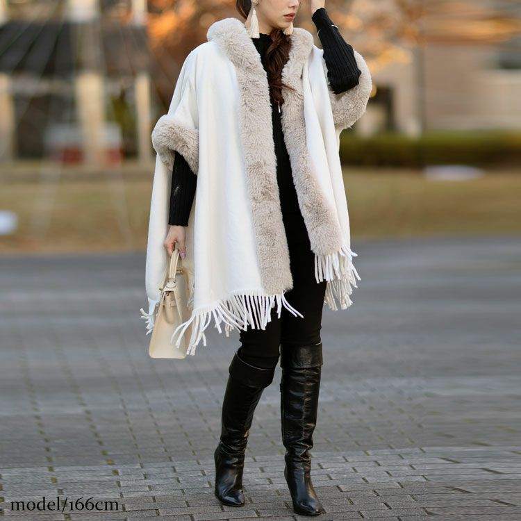 大きいサイズ レディース ファー切り替えフリンジポンチョ　sn-00001