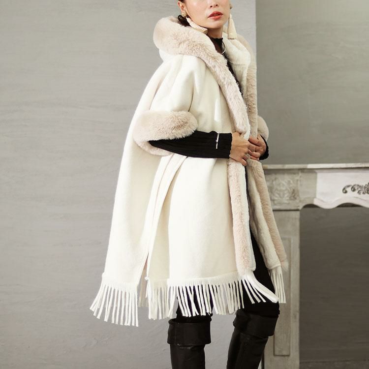 大きいサイズ レディース ファー切り替えフリンジポンチョ　sn-00001 ベージュ