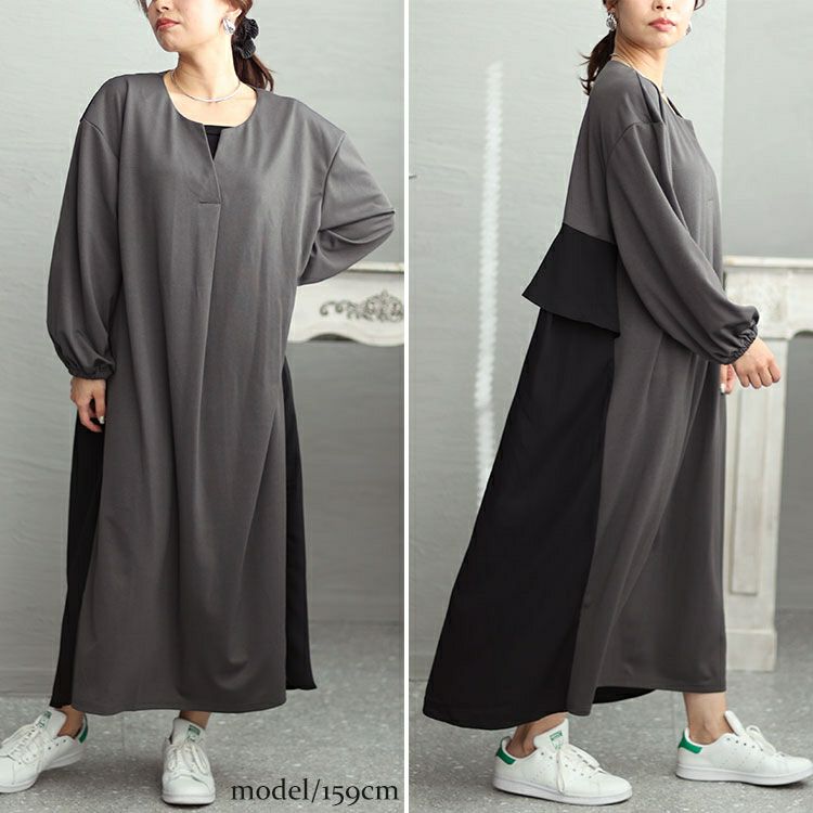 大きいサイズ レディース バックフリルバイカラーワンピース　fem-426