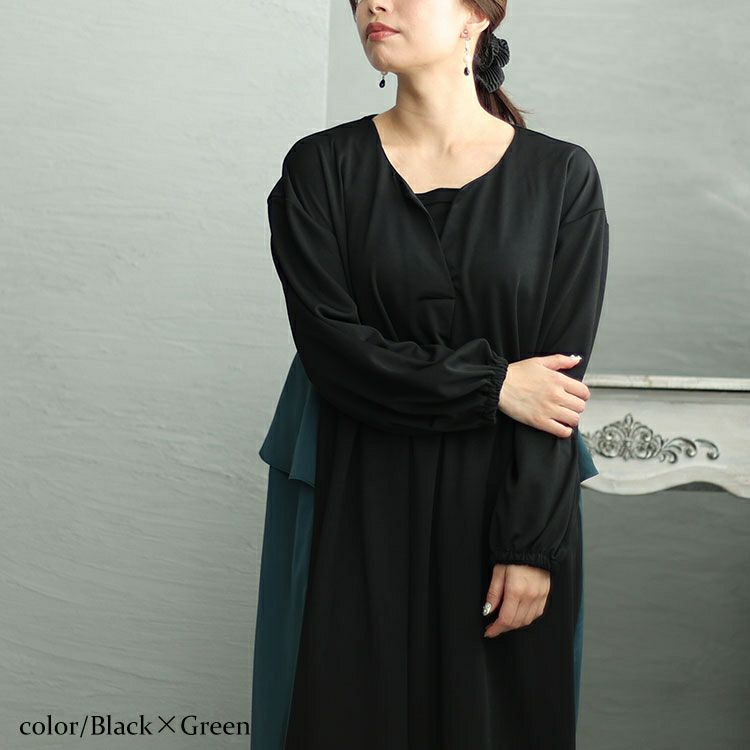 大きいサイズ レディース バックフリルバイカラーワンピース　fem-426