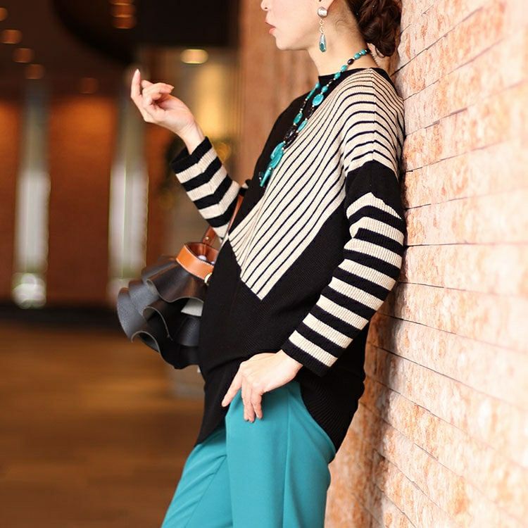 大きいサイズ レディース 日本製ボートネックバイカラーボーダーニット　kt-108