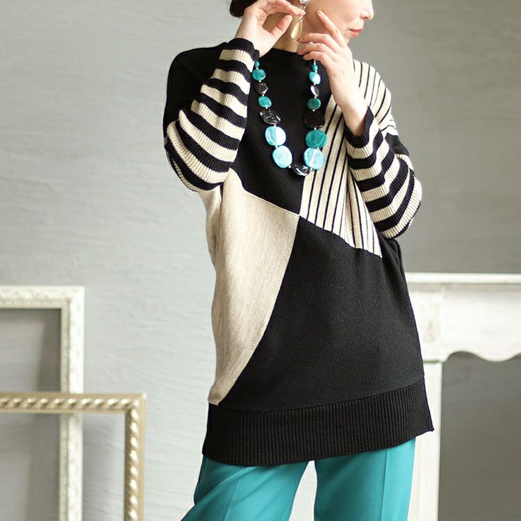 大きいサイズ レディース 日本製ボートネックバイカラーボーダーニット　kt-108