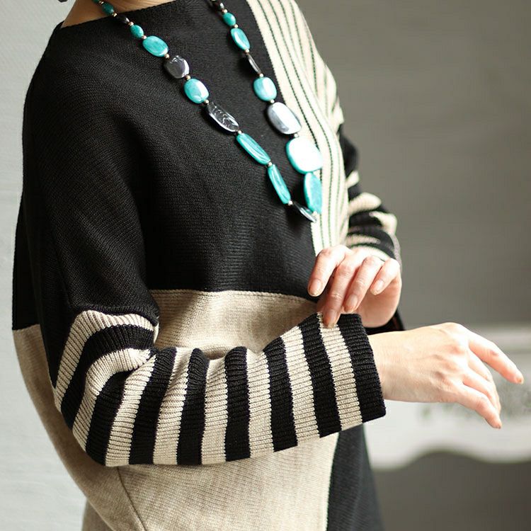 大きいサイズ レディース 日本製ボートネックバイカラーボーダーニット　kt-108