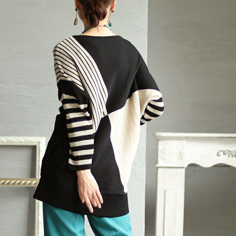 大きいサイズ レディース 日本製ボートネックバイカラーボーダーニット　kt-108