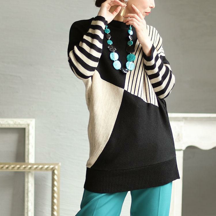 大きいサイズ レディース 日本製ボートネックバイカラーボーダーニット　kt-108 ブラック