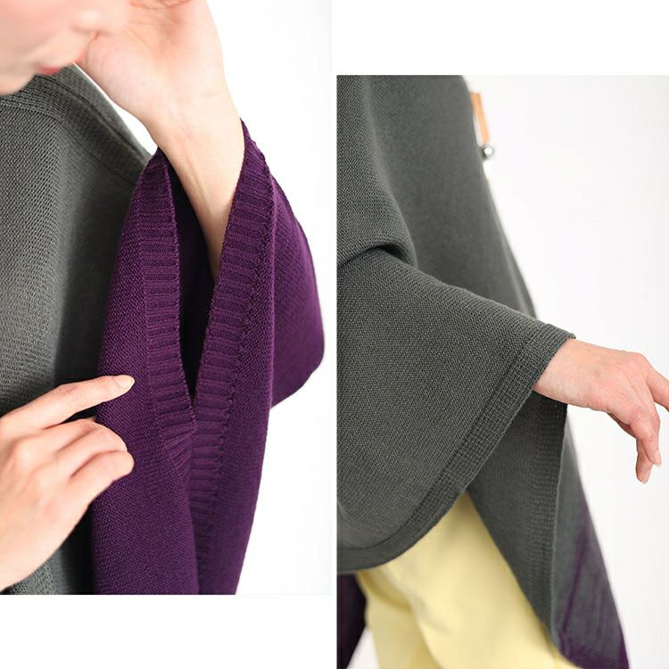 大きいサイズ レディース 日本製バイカラーハイネックアシンメトリーニットポンチョ　kt-121