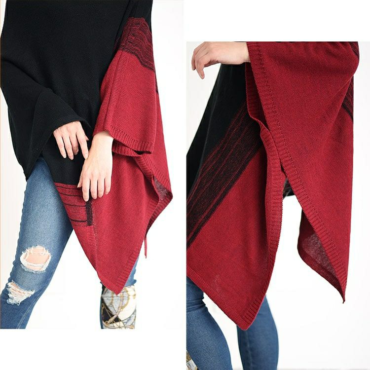 大きいサイズ レディース 日本製バイカラーハイネックアシンメトリーニットポンチョ　kt-121