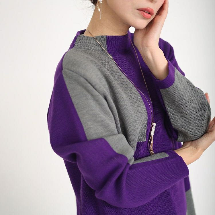 大きいサイズ レディース 日本製ミニハイネックバイカラーニットワンピース　kt-120