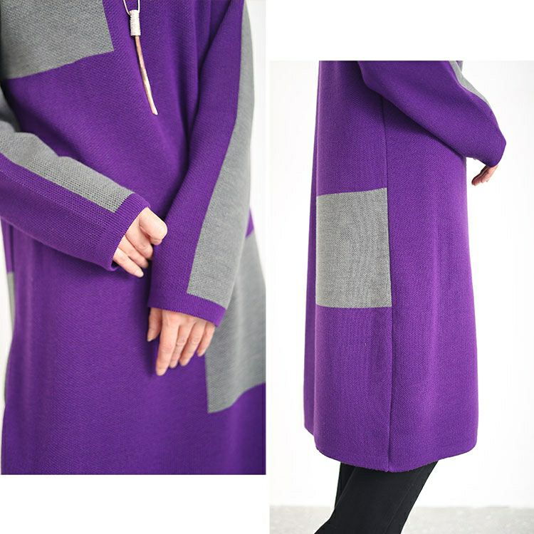 大きいサイズ レディース 日本製ミニハイネックバイカラーニットワンピース　kt-120