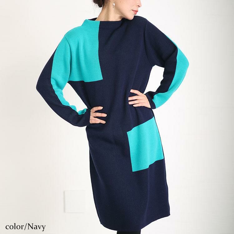 大きいサイズ レディース 日本製ミニハイネックバイカラーニット