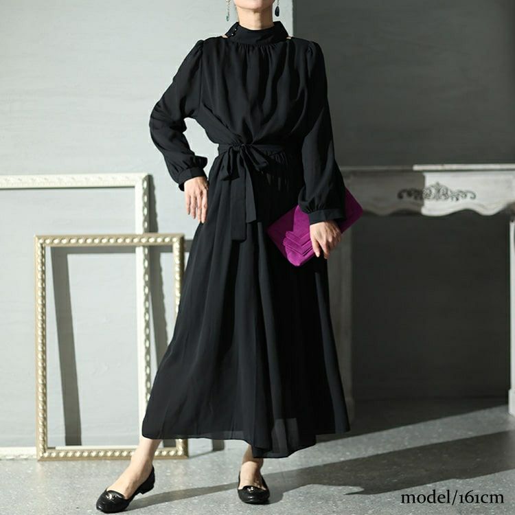 大きいサイズ レディース リボン付き前後2wayシフォンワンピース　jp483