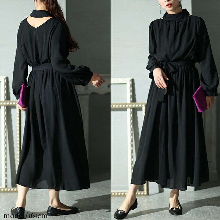 大きいサイズ レディース リボン付き前後2wayシフォンワンピース　jp483