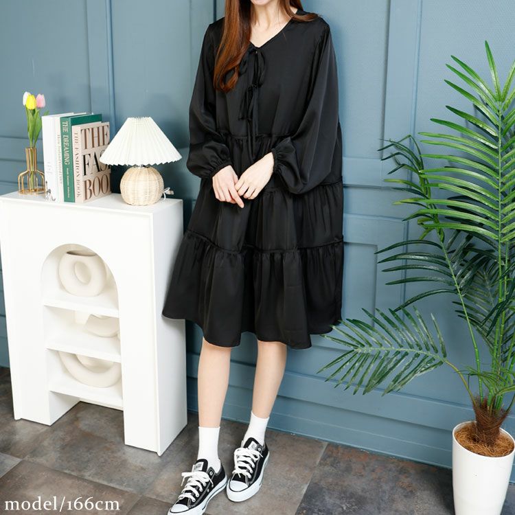 大きいサイズ レディース ボリュームスリーブティアードワンピース　fem-433