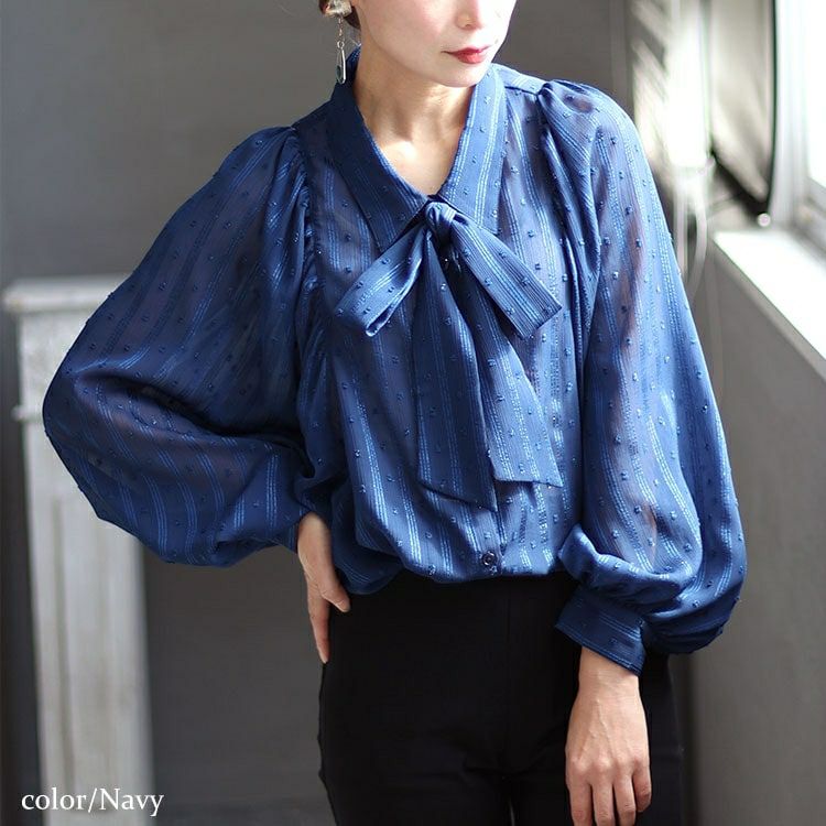 大きいサイズ レディース ボウタイ付きボリュームスリーブストライプブラウス　fem-431
