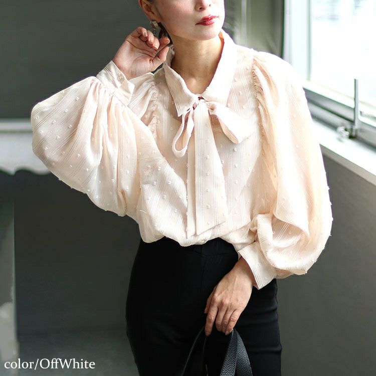 大きいサイズ レディース ボウタイ付きボリュームスリーブストライプブラウス　fem-431