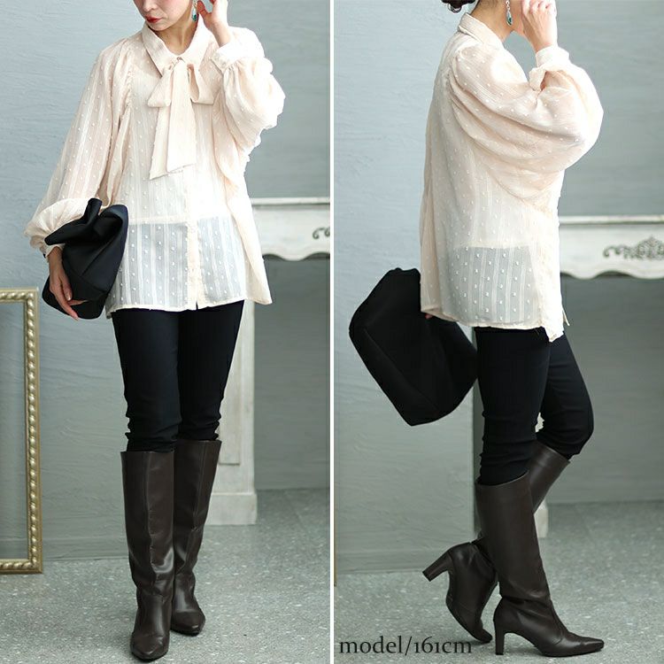 大きいサイズ レディース ボウタイ付きボリュームスリーブストライプブラウス　fem-431