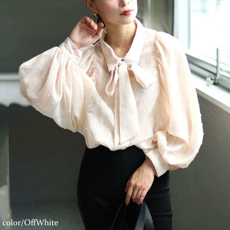 大きいサイズ レディース ボウタイ付きボリュームスリーブストライプブラウス　fem-431 オフホワイト