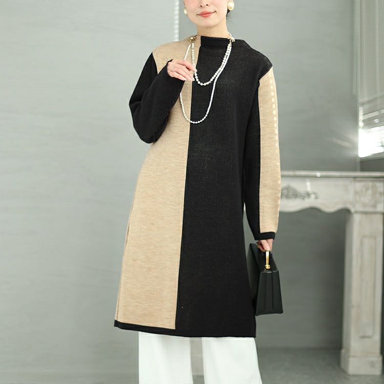 大きいサイズ レディース 日本製バイカラーオフネックニットチュニック　kt-122