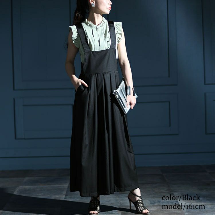 大きいサイズ レディース ウエストタックハイウエストサロペットフレアパンツ　jp491