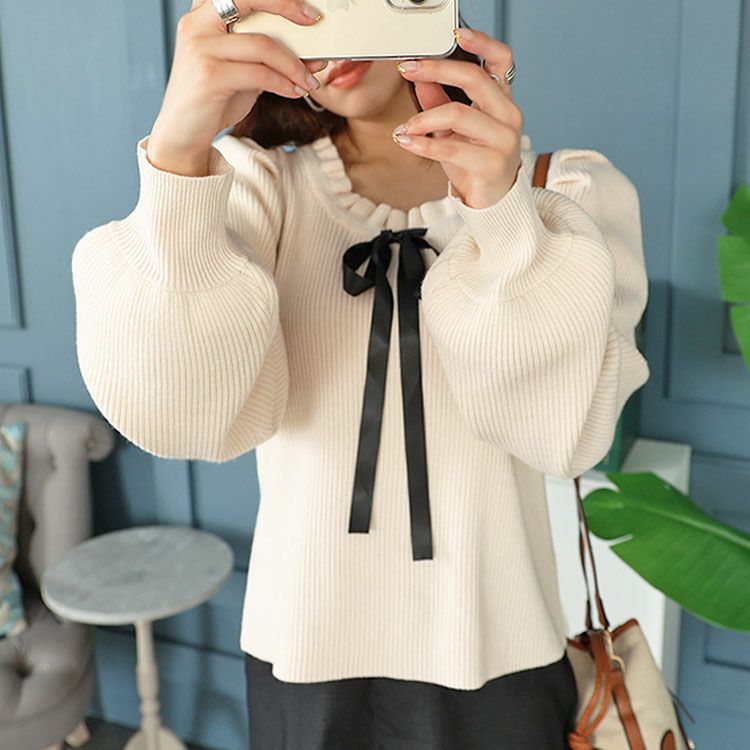 大きいサイズ レディース サテンリボン付きボリュームスリーブニット　jps025