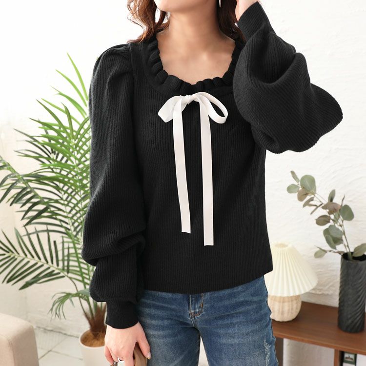 大きいサイズ レディース サテンリボン付きボリュームスリーブニット　jps025