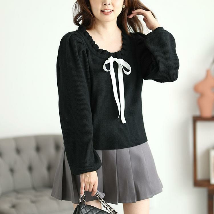 大きいサイズ レディース サテンリボン付きボリュームスリーブニット　jps025 ブラック