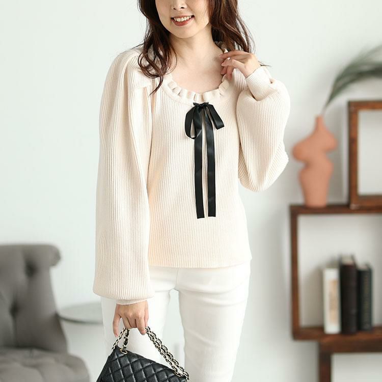大きいサイズ レディース サテンリボン付きボリュームスリーブニット　jps025 オフホワイト