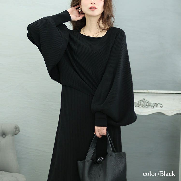 大きいサイズ レディース ボリュームスリーブニット＆リブワンピース2点セット　jps028