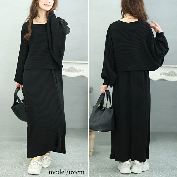 大きいサイズ レディース ボリュームスリーブニット＆リブワンピース2点セット　jps028