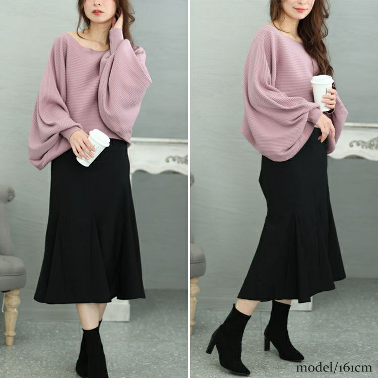 大きいサイズ レディース ボリュームスリーブニット＆リブワンピース2点セット　jps028