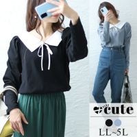 大きいサイズ レディース 襟＆リボン配色パワショルリブトップス　jps029 【ゆうパケット可】