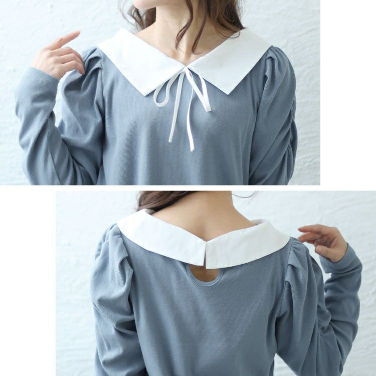 大きいサイズ レディース 襟＆リボン配色パワショルリブトップス　jps029 【ゆうパケット可】