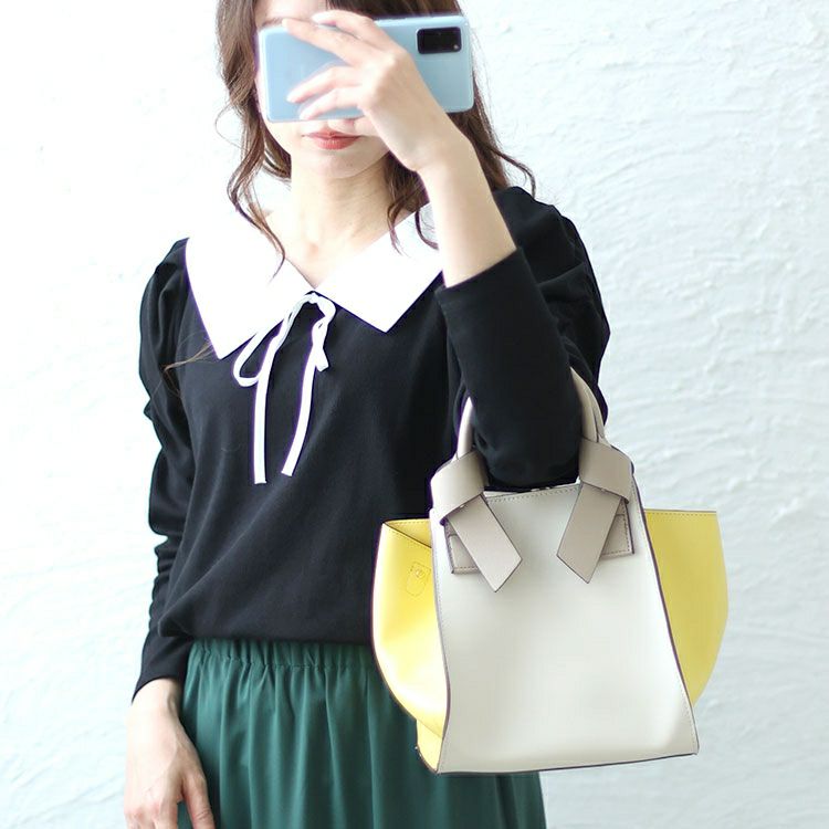 大きいサイズ レディース 襟＆リボン配色パワショルリブトップス　jps029 【ゆうパケット可】