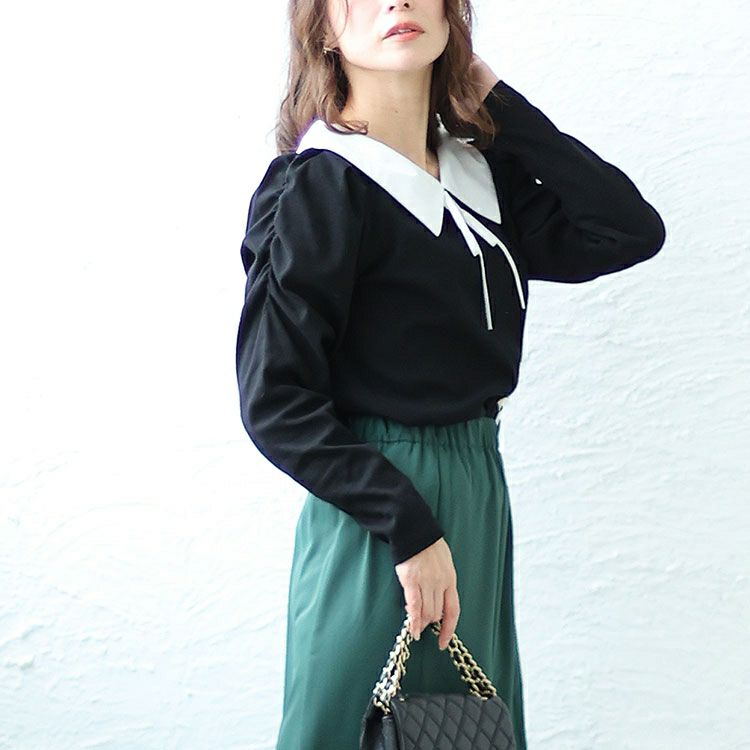 大きいサイズ レディース 襟＆リボン配色パワショルリブトップス　jps029 【ゆうパケット可】