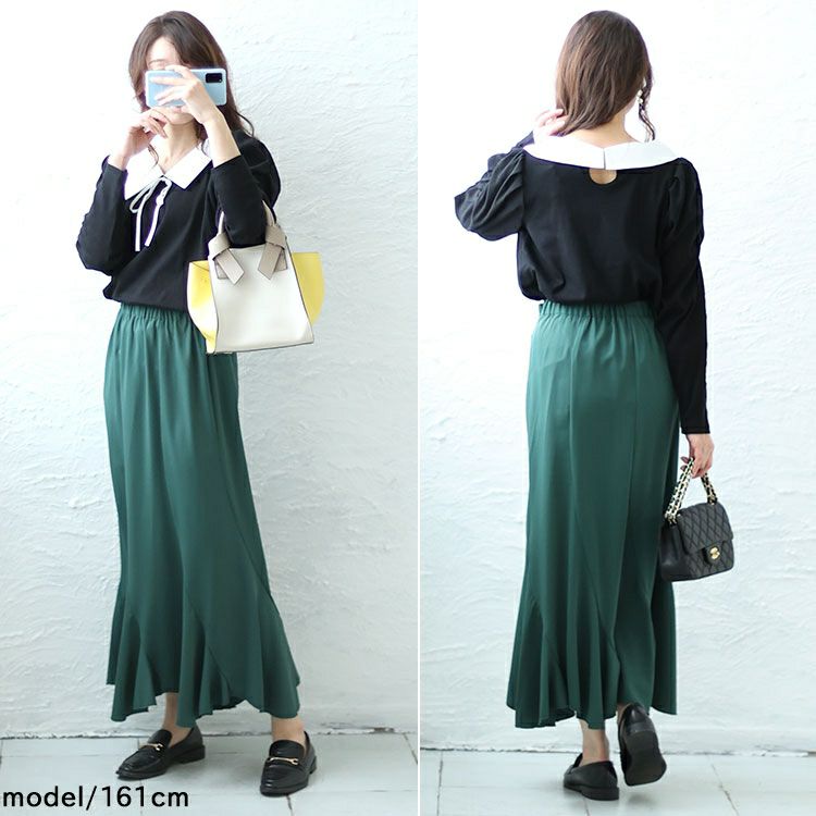 大きいサイズ レディース 襟＆リボン配色パワショルリブトップス　jps029 【ゆうパケット可】