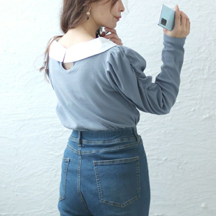 大きいサイズ レディース 襟＆リボン配色パワショルリブトップス　jps029 【ゆうパケット可】