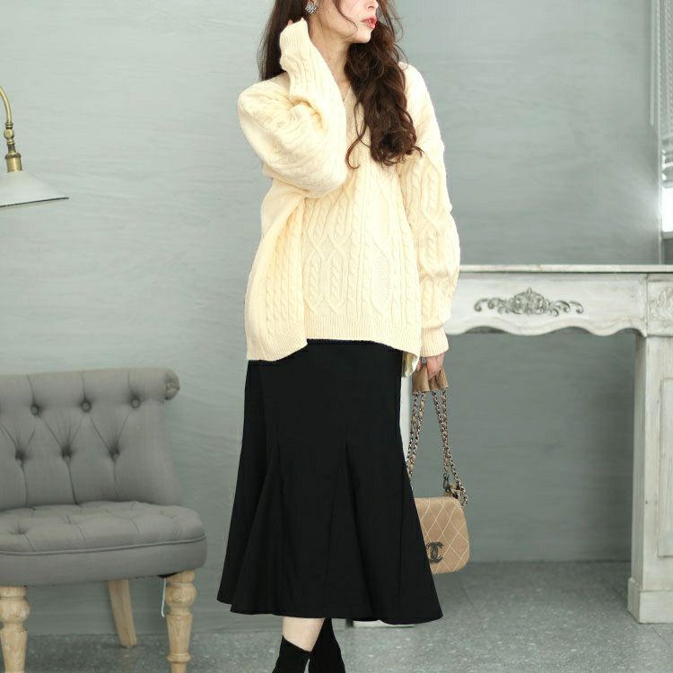 大きいサイズ レディース ケーブルニット＆マーメイドスカート2点セット　jp495
