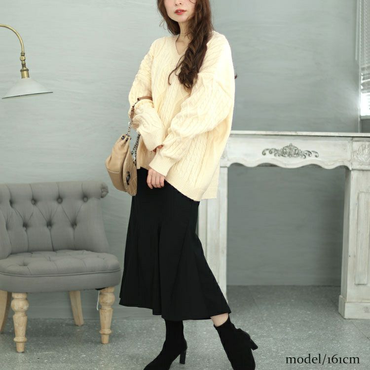 大きいサイズ レディース ケーブルニット＆マーメイドスカート2点セット　jp495
