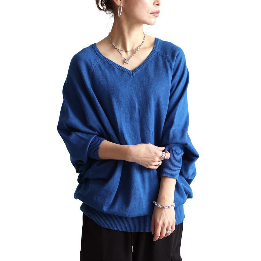 大きいサイズ レディース Ｖネックドルマンニット　wn-0002 ブルー