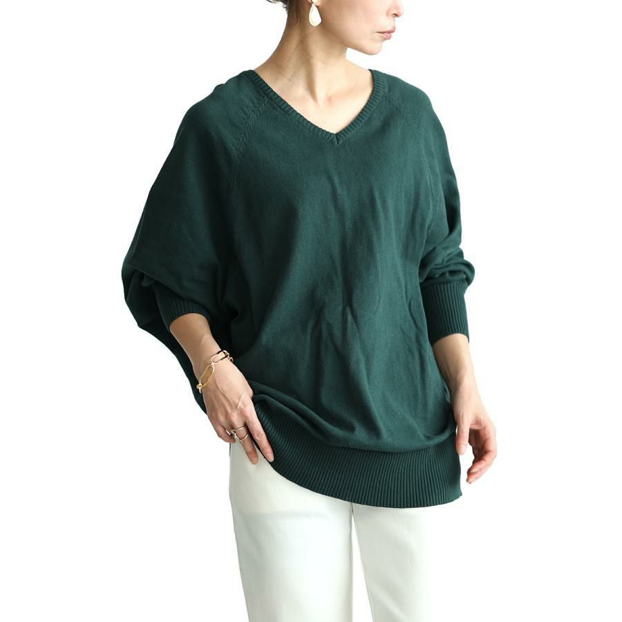 大きいサイズ レディース Ｖネックドルマンニット　wn-0002 ダークグリーン